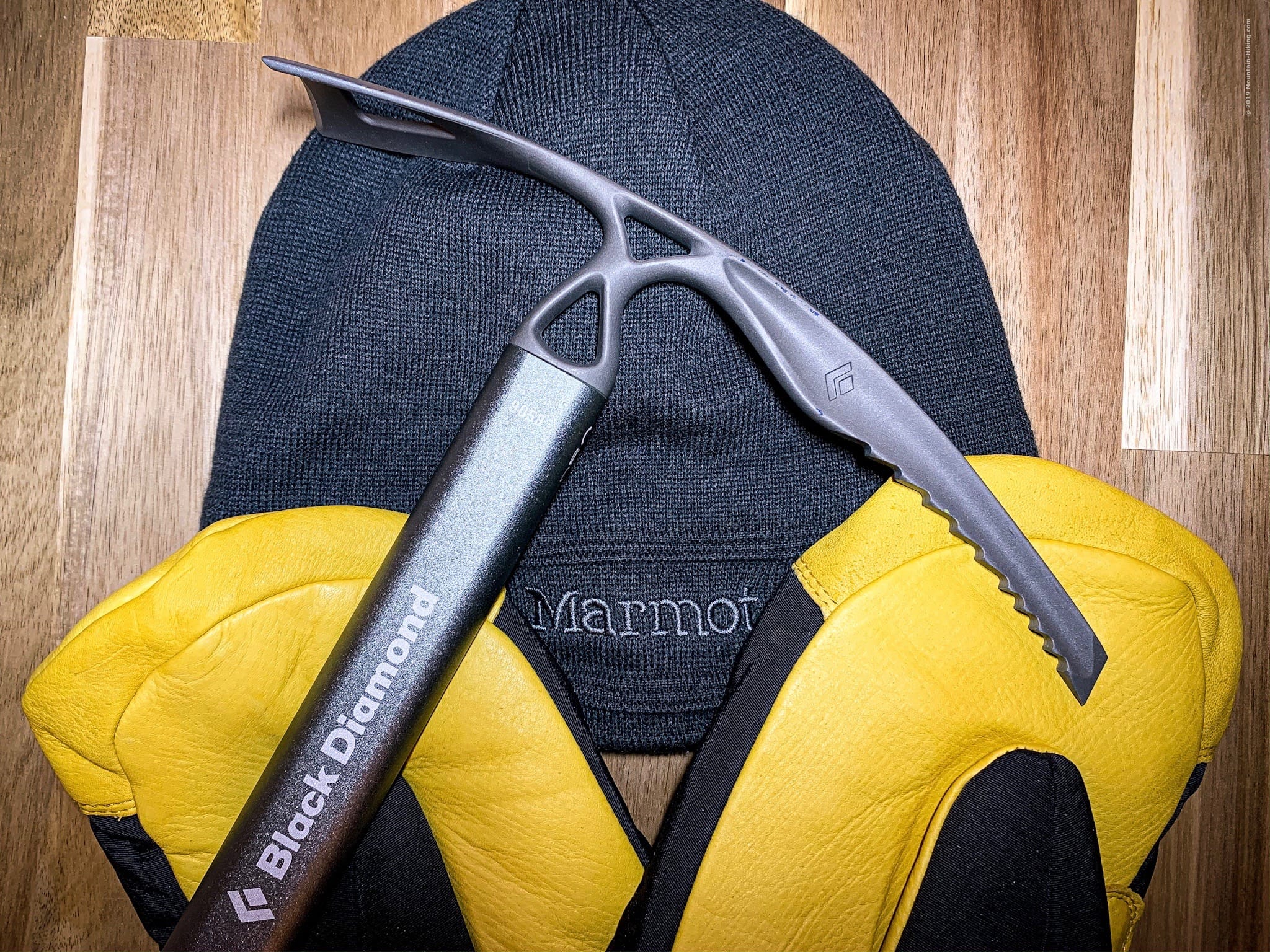 Winter Hiking Gear: hat, gloves, ice axe