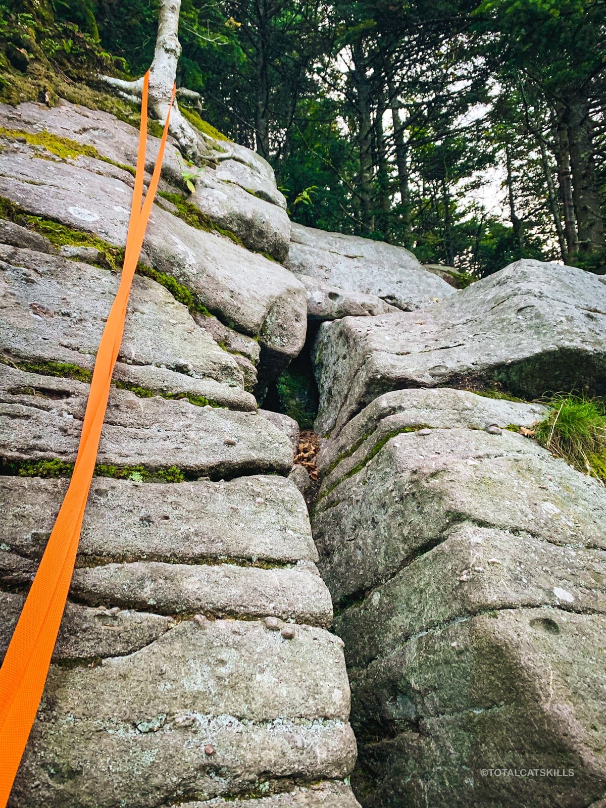 orange webbing on open rock face
