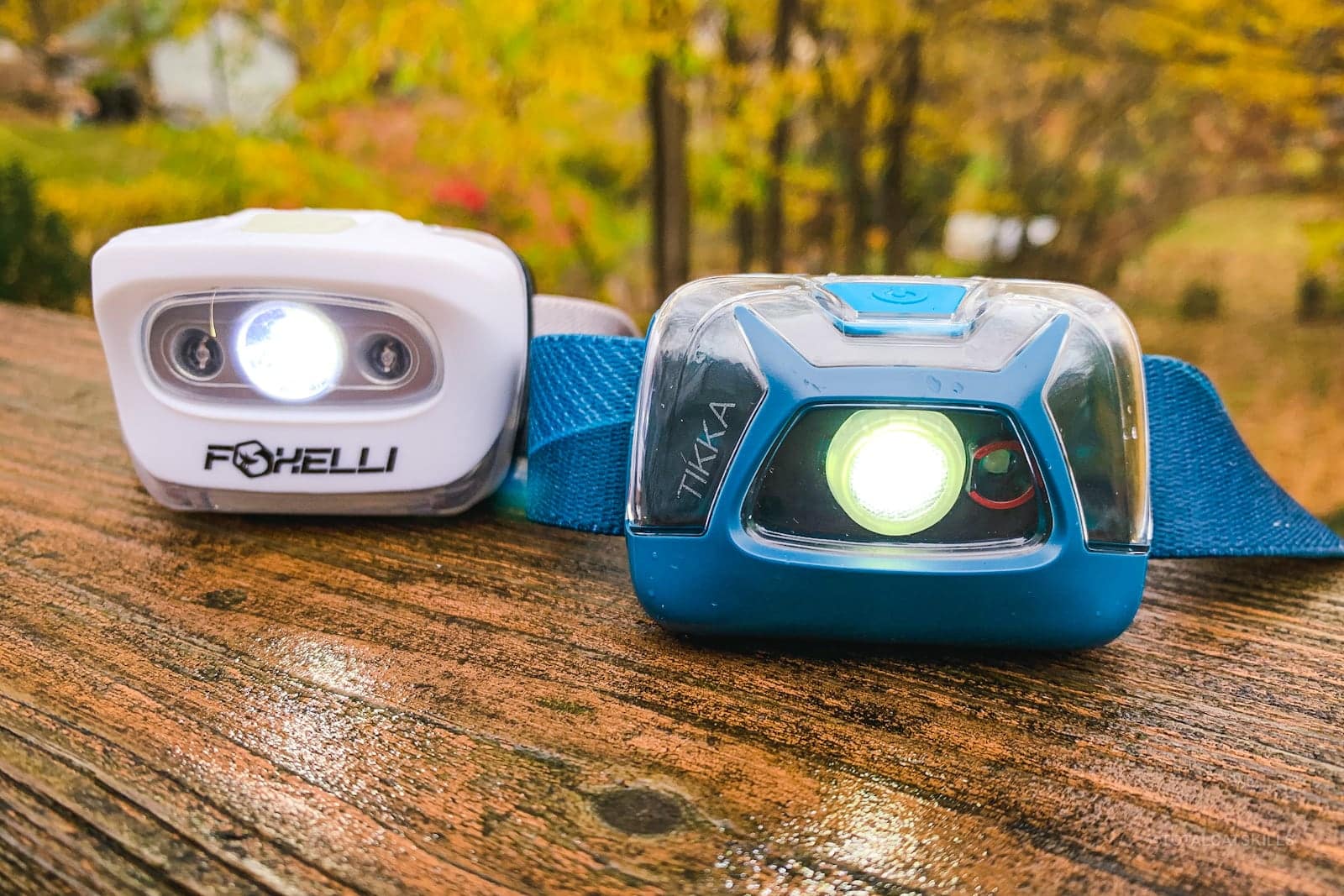 white and blue headlamps sitting on wet wood in woods