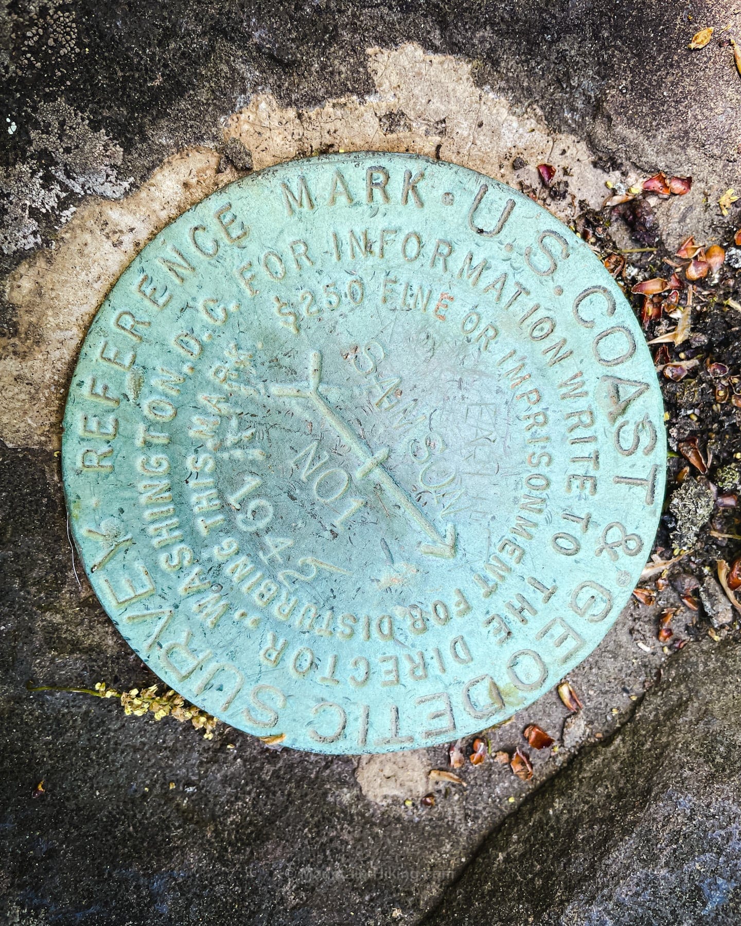 survey marker in rock