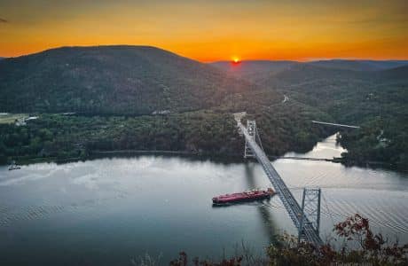 View of Hudson River and Bear Mountain Bridge at sunset from Anthony’s Nose