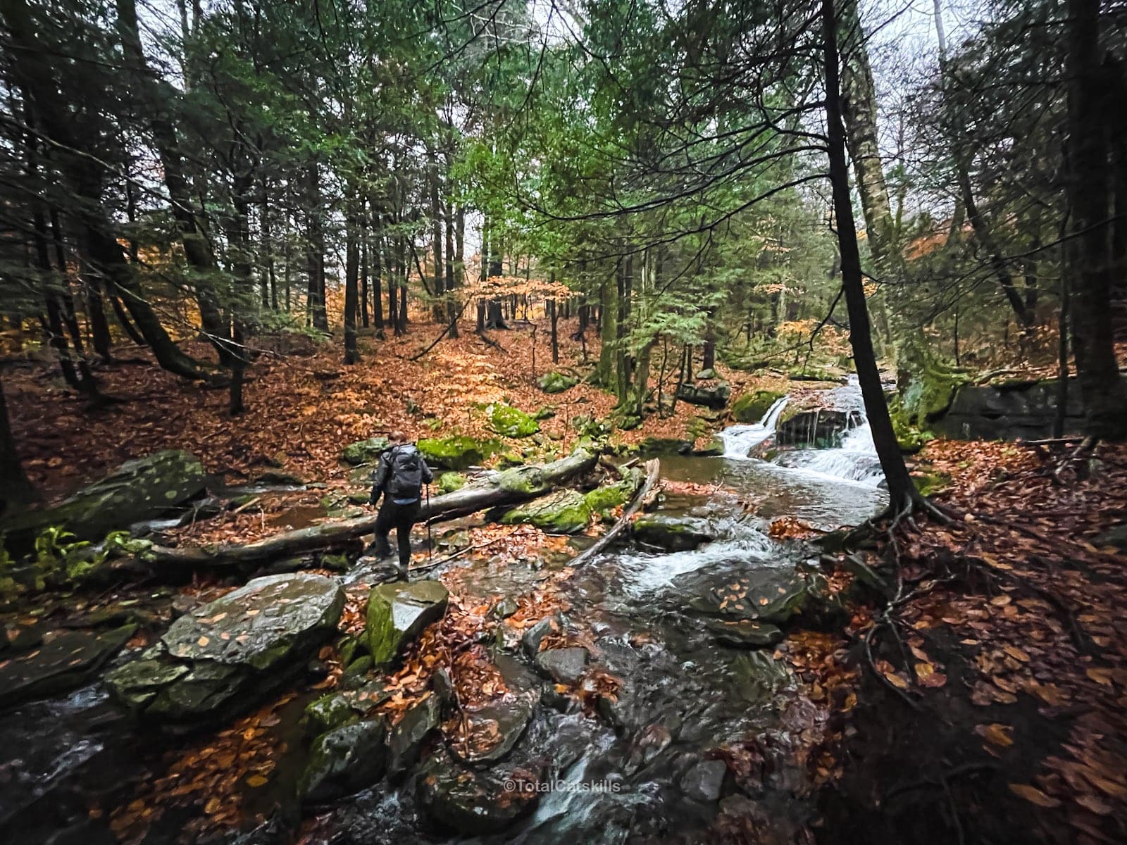 hiker crossing a stream in The Catskills