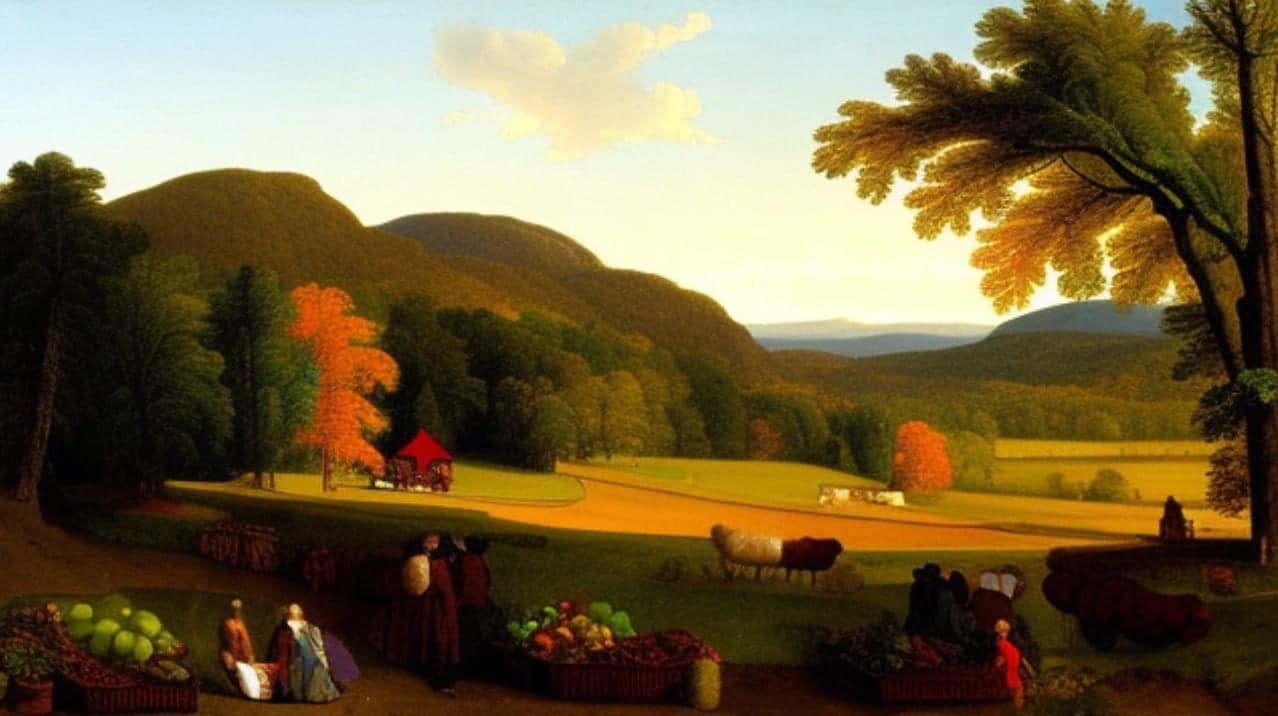 I asked AI to generate a painting of farmers market in the style of Thomas Cole, LOL, this is not that