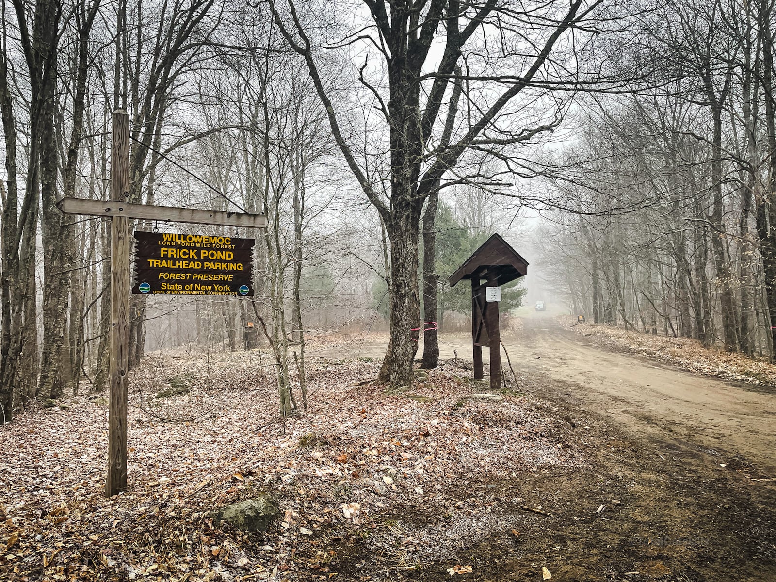 trailhead in woods for Frick Pond trials Western Catskills