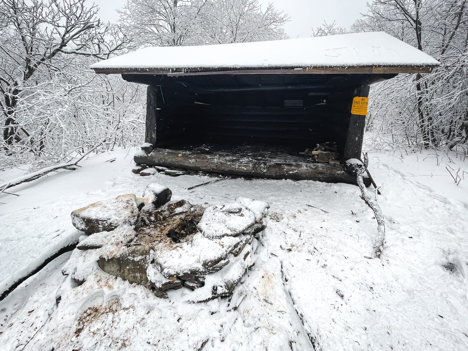 lean-to in winter, covered in snow, on Southwest Hunter