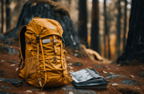 Yellow backpack with the 10 essentials inside