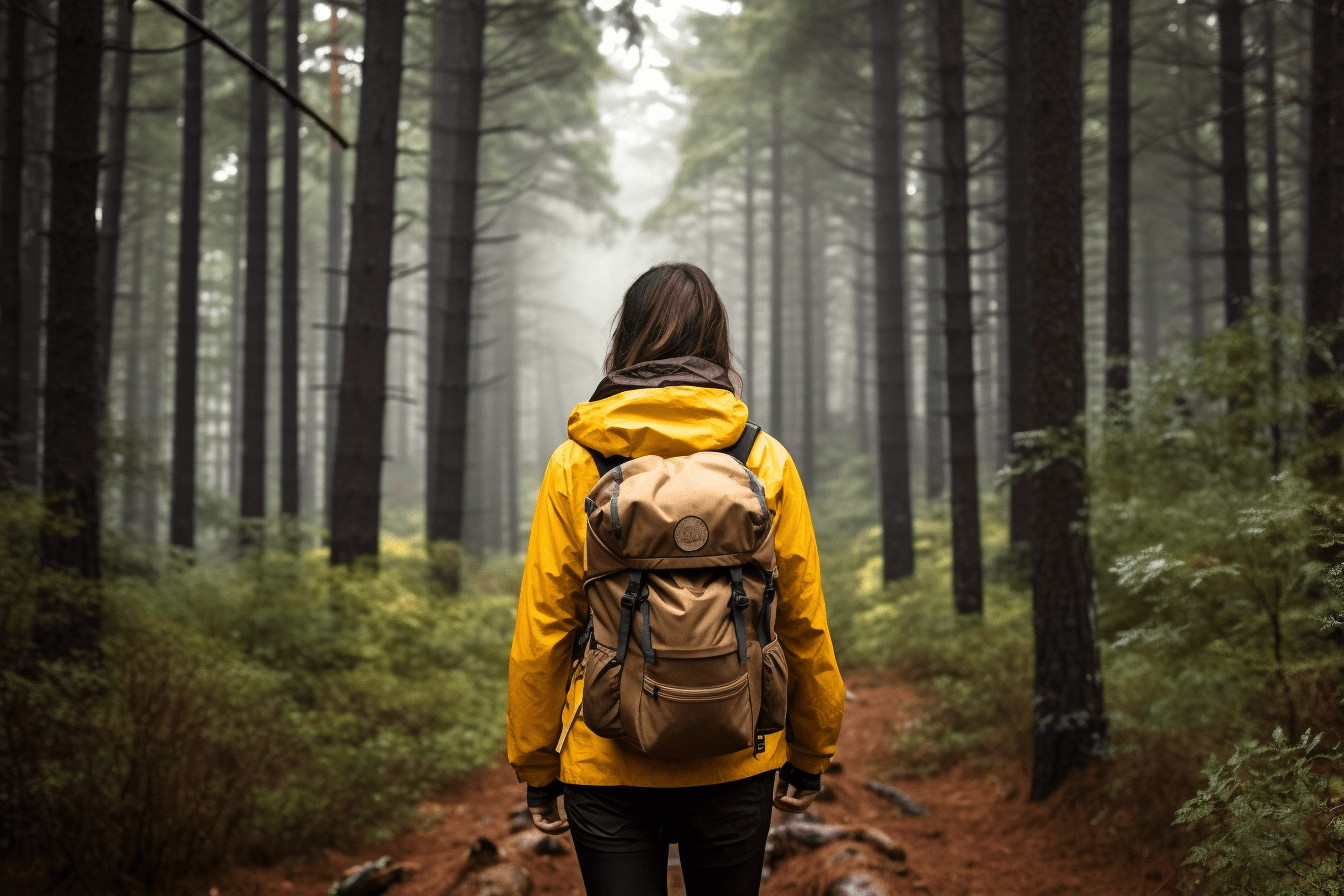 hiker in yellow rain jacket, and carrying the 10 essentials