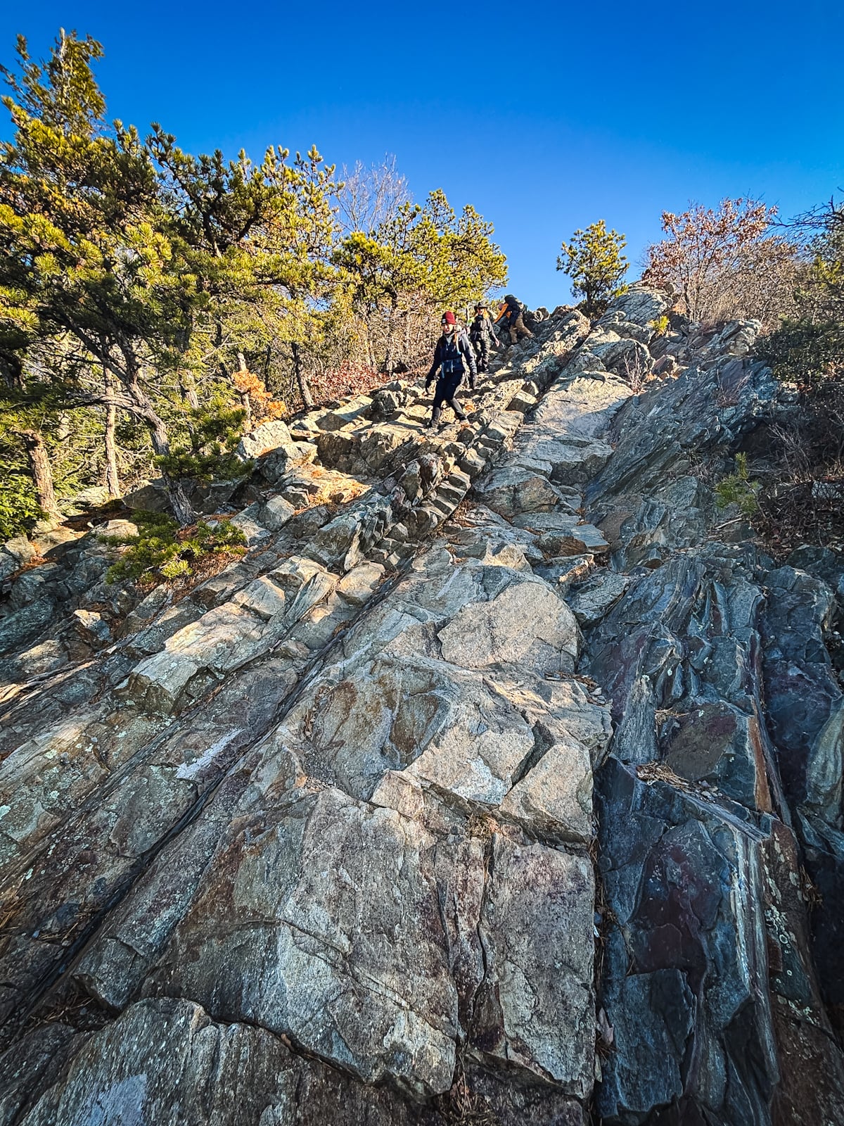 Hikers heading down to the big view on Mount Tammany trail