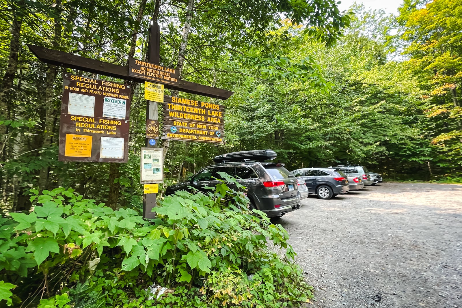 Parking area at Thirteenth Lake at the trailhead for Peaked Mountain in the Adirondacks